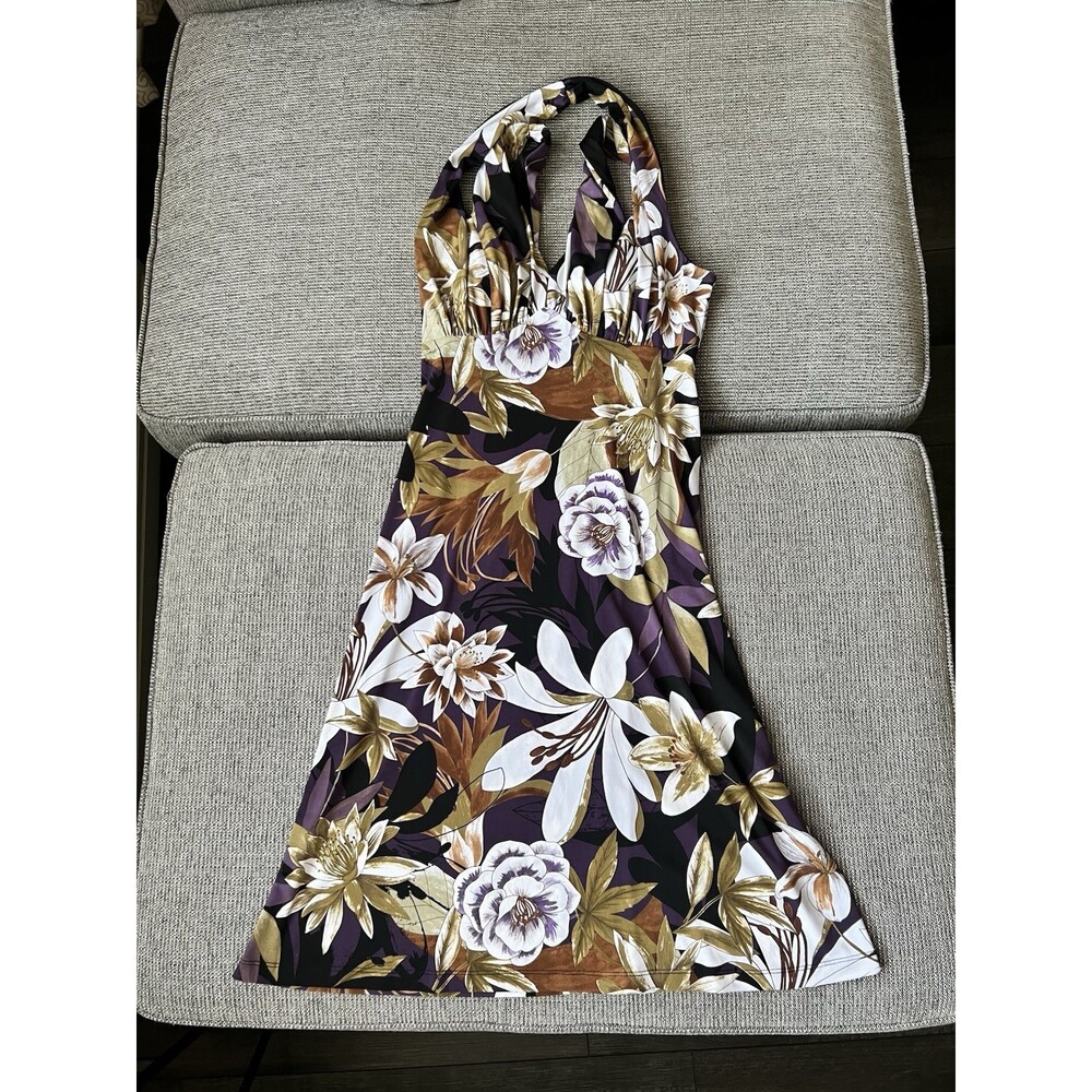 Connected Apparel Women’s Floral Halter Dress Brown Purple Stretch Lined Size 6P